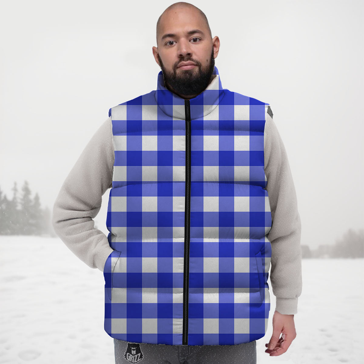 White And Blue Check Print Pattern Down Vest