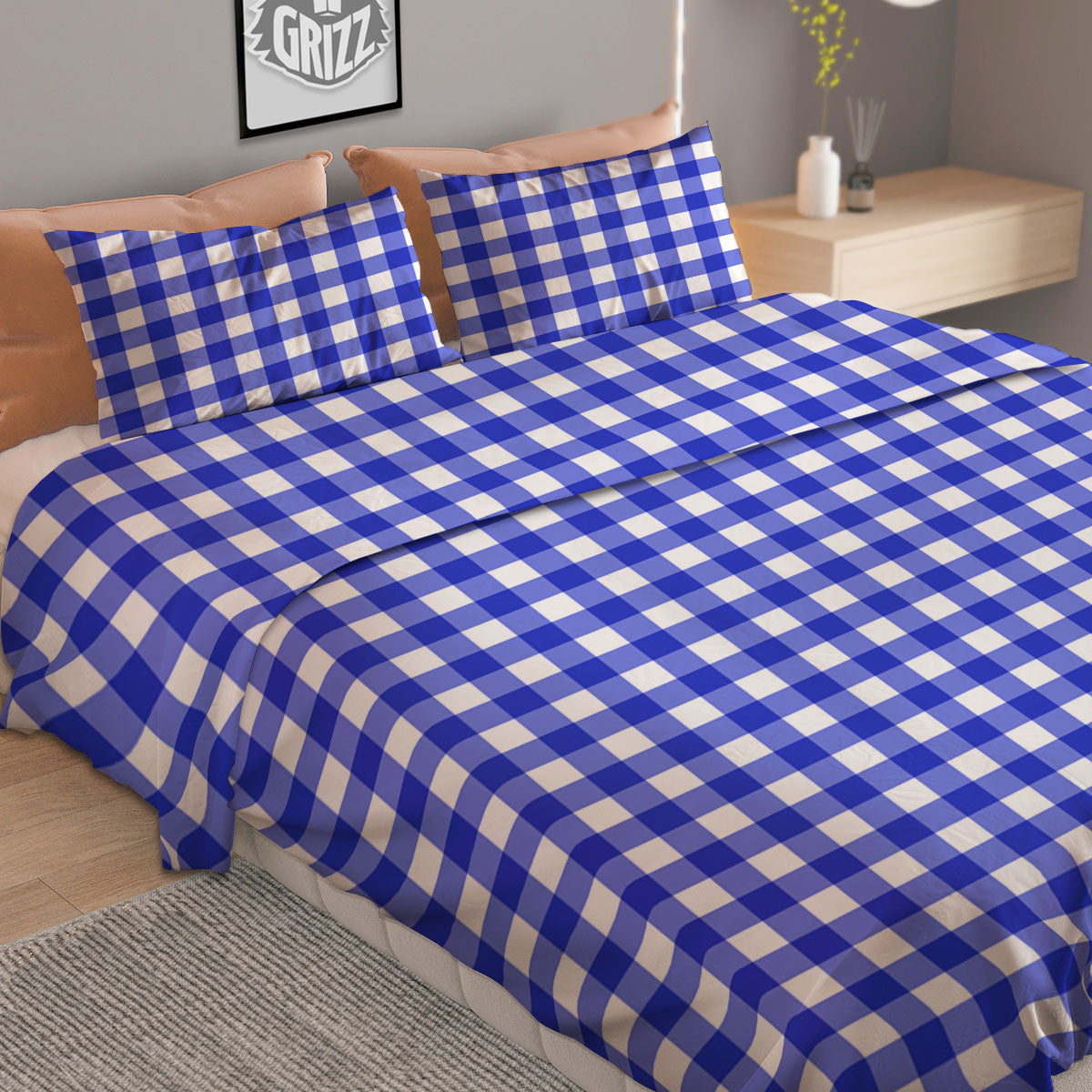 White And Blue Check Print Pattern Duvet Cover Bedding Set