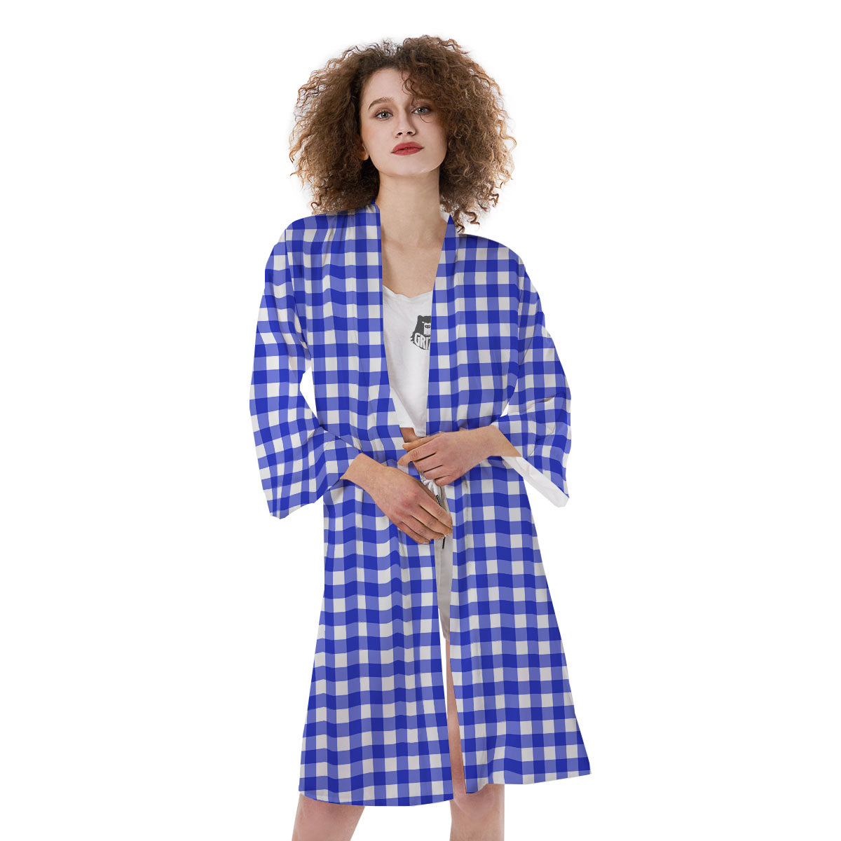 White And Blue Check Print Pattern Kimono-grizzshop