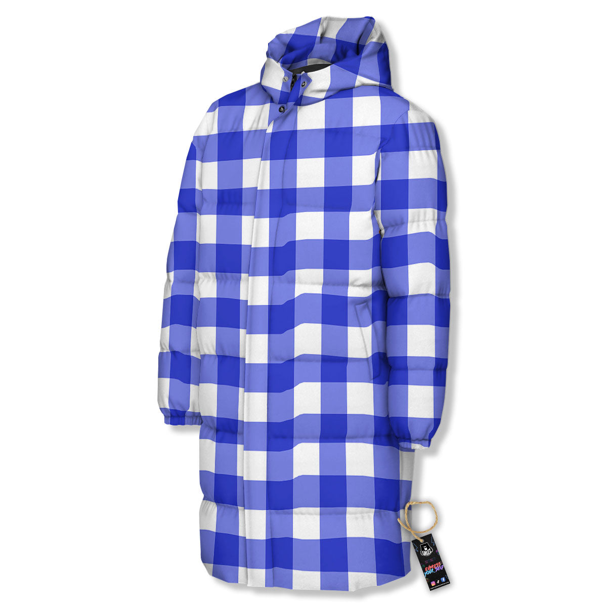 White And Blue Check Print Pattern Long Down Jacket-grizzshop