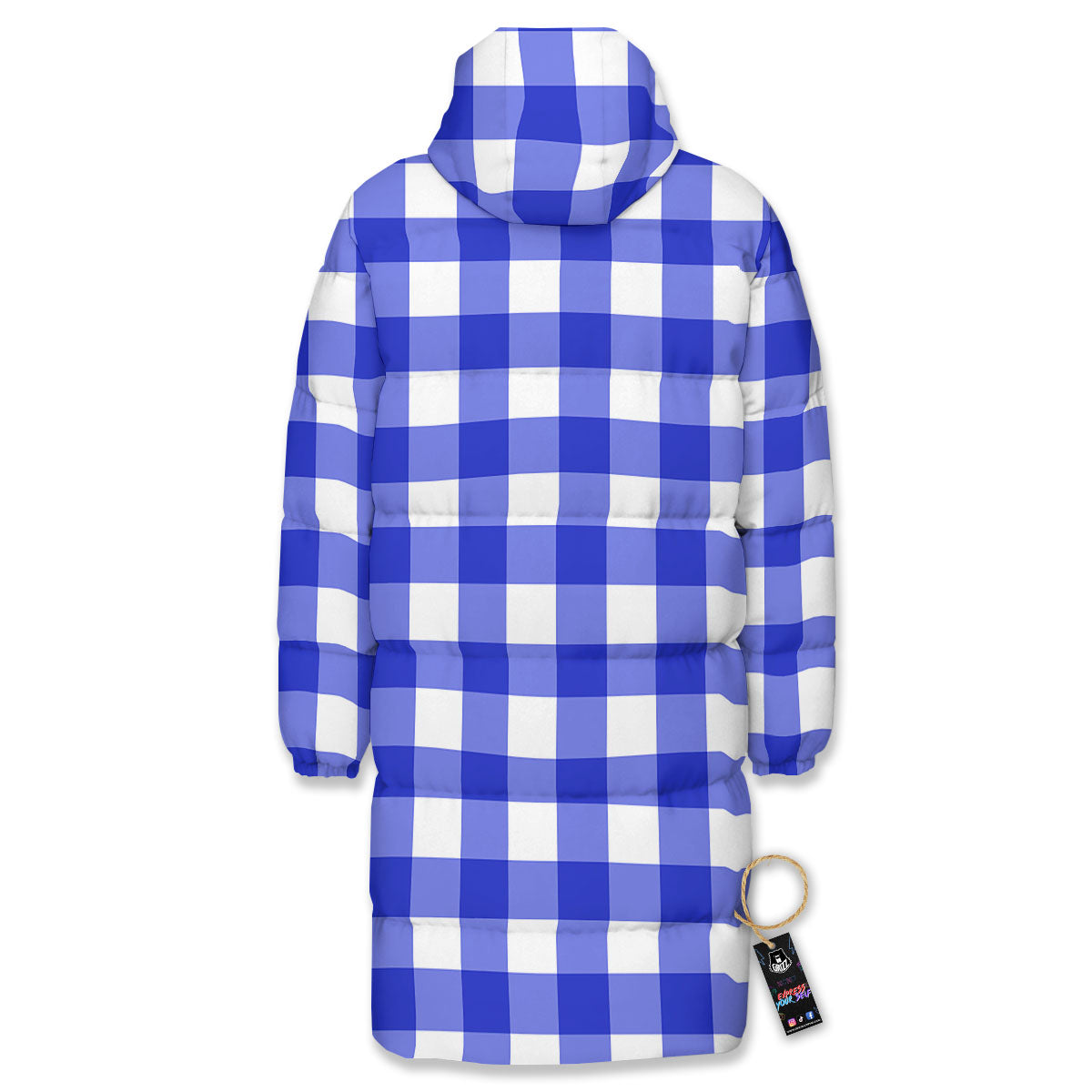 White And Blue Check Print Pattern Long Down Jacket-grizzshop