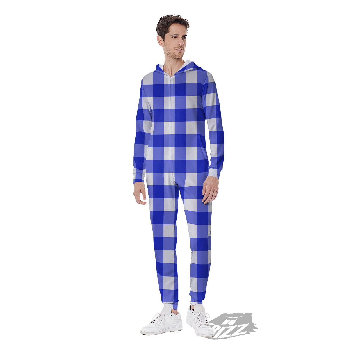 White And Blue Check Print Pattern Men's Jumpsuit-grizzshop