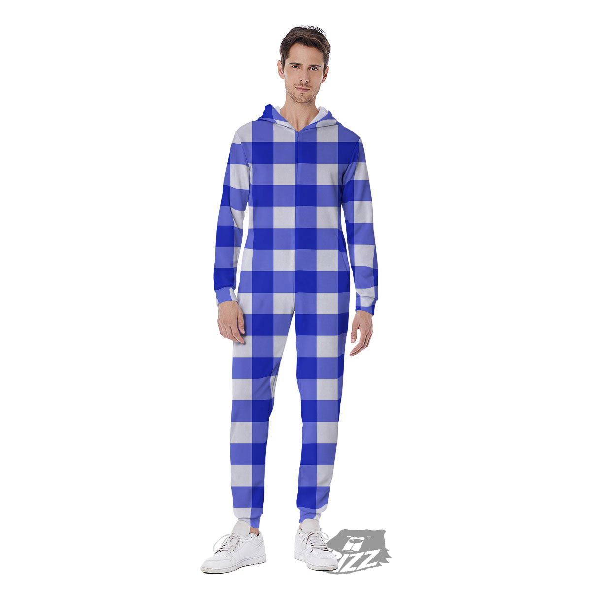White And Blue Check Print Pattern Men's Jumpsuit-grizzshop
