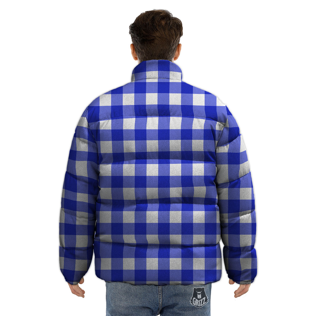 White And Blue Check Print Pattern Puffer Jacket-grizzshop