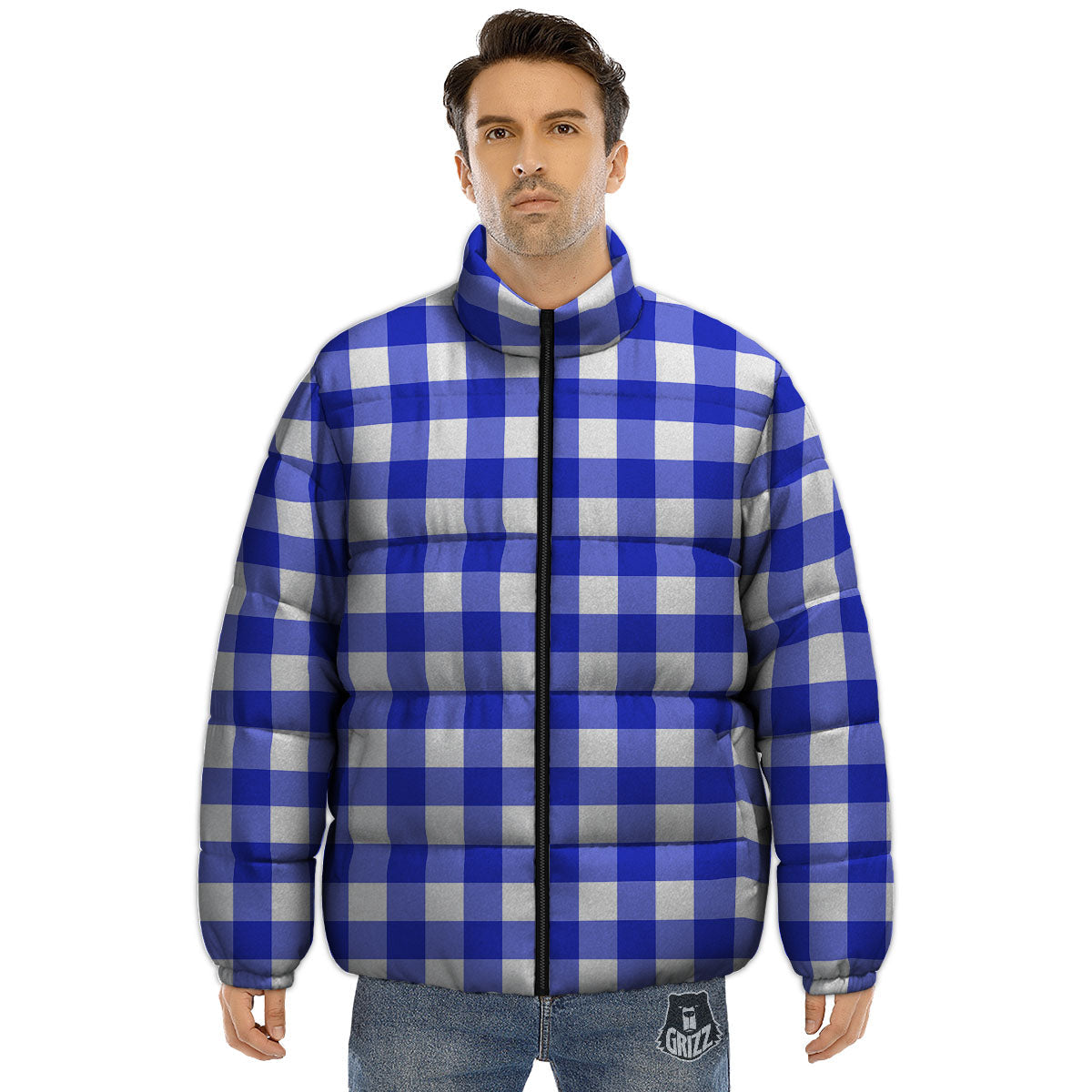 White And Blue Check Print Pattern Puffer Jacket-grizzshop