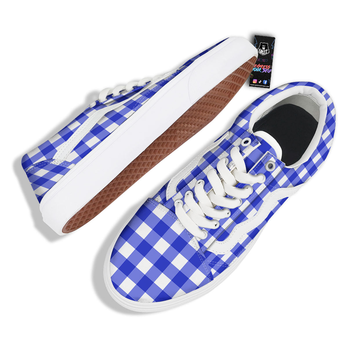 White And Blue Check Print Pattern Skate Shoes-grizzshop