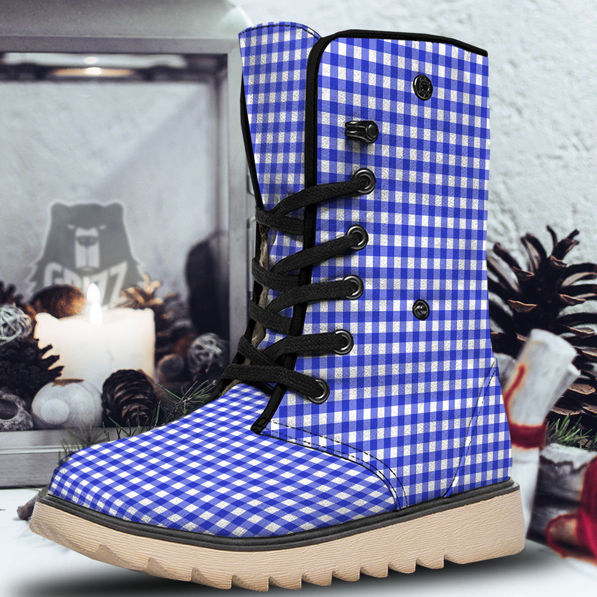 White And Blue Check Print Pattern Snow Boots-grizzshop