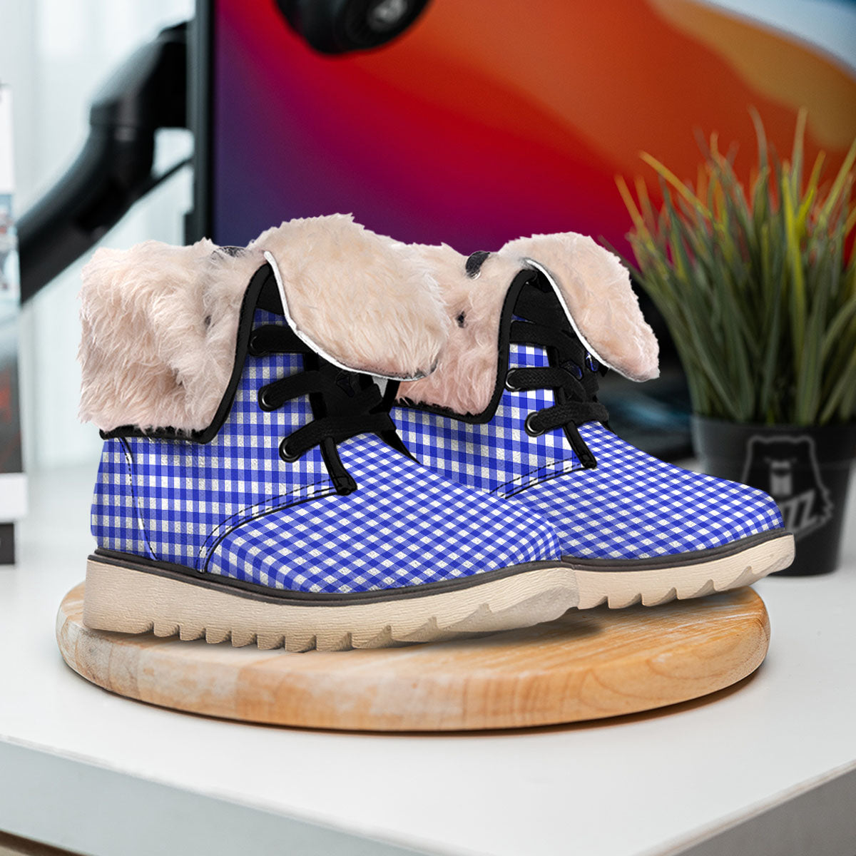 White And Blue Check Print Pattern Snow Boots-grizzshop