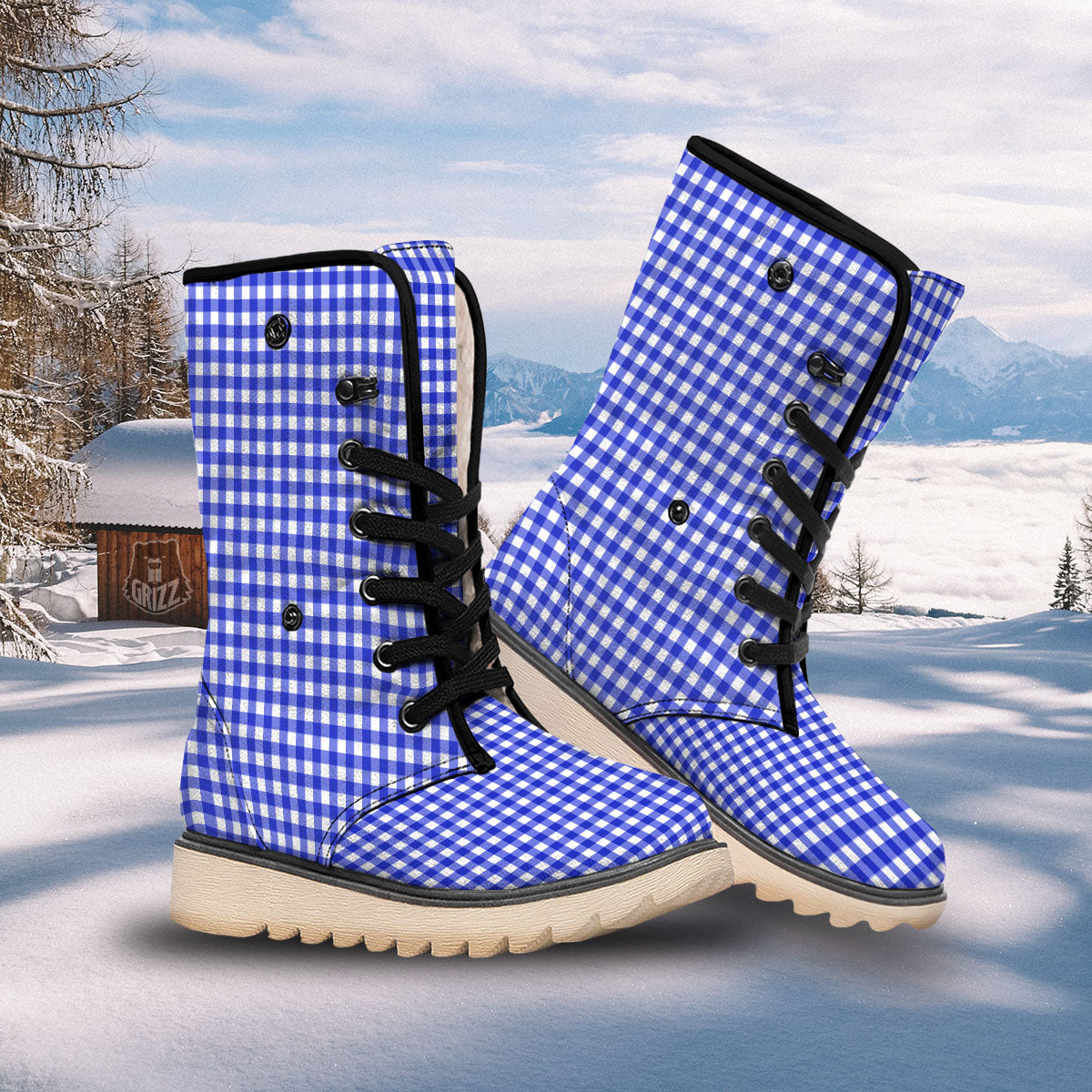 White And Blue Check Print Pattern Snow Boots-grizzshop