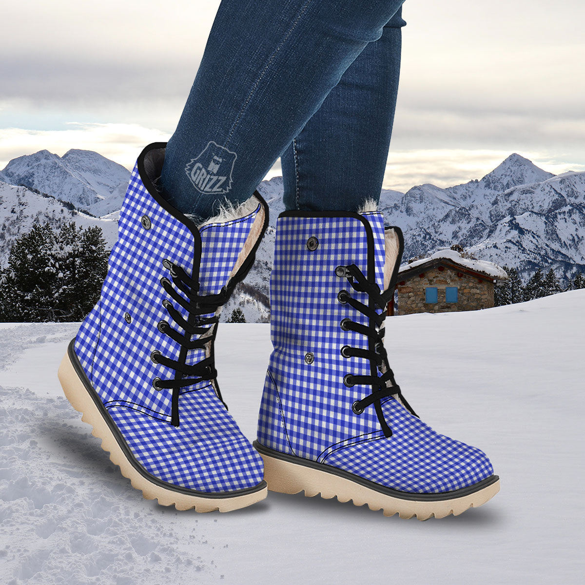 White And Blue Check Print Pattern Snow Boots-grizzshop
