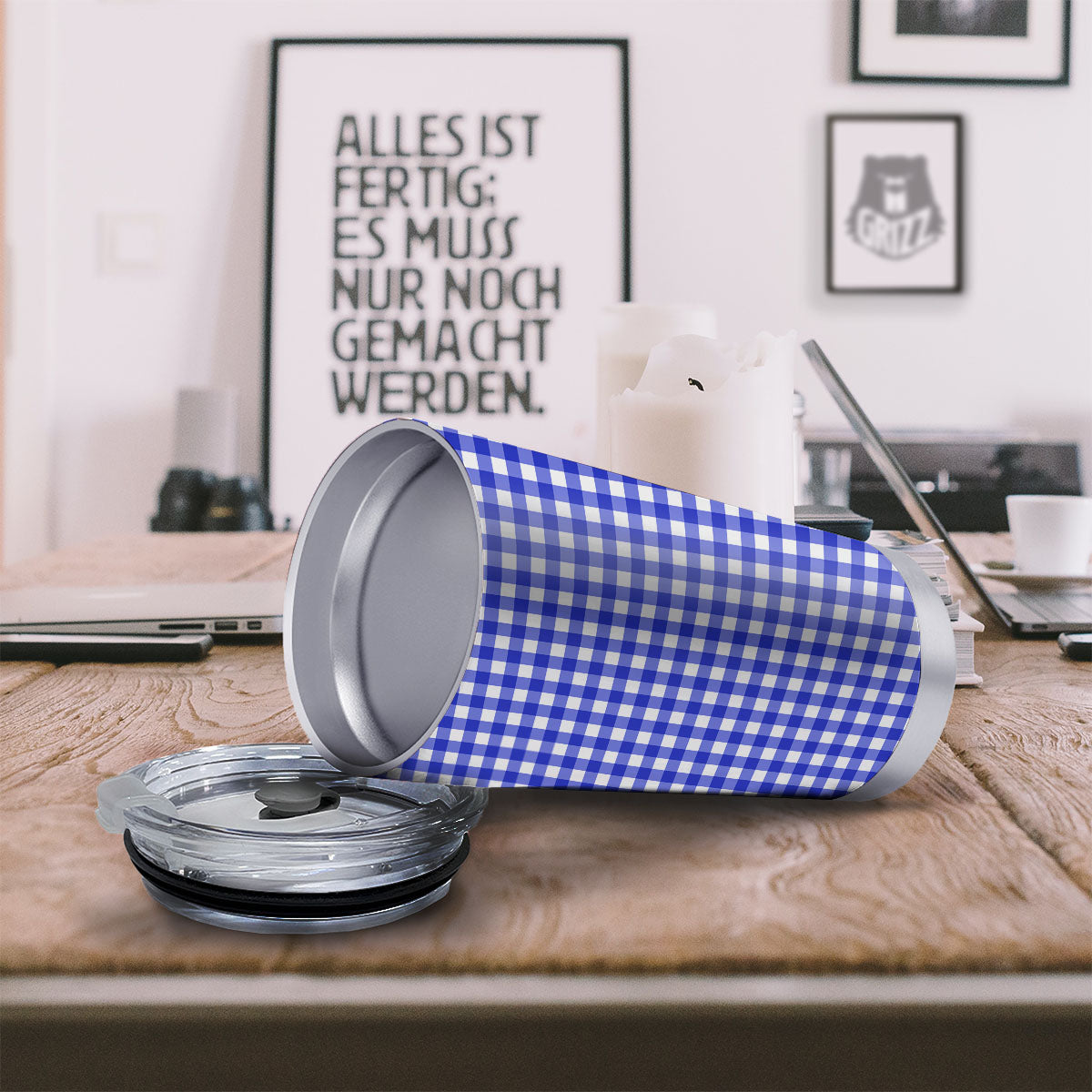 White And Blue Check Print Pattern Tumbler-grizzshop