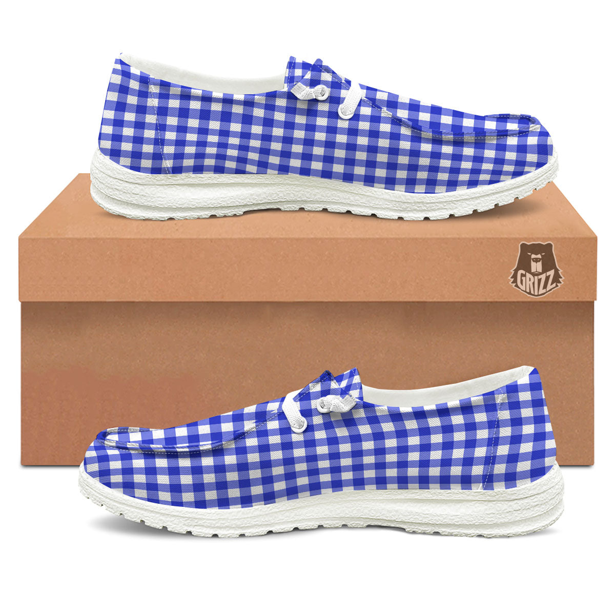 White And Blue Check Print Pattern White Loafers-grizzshop