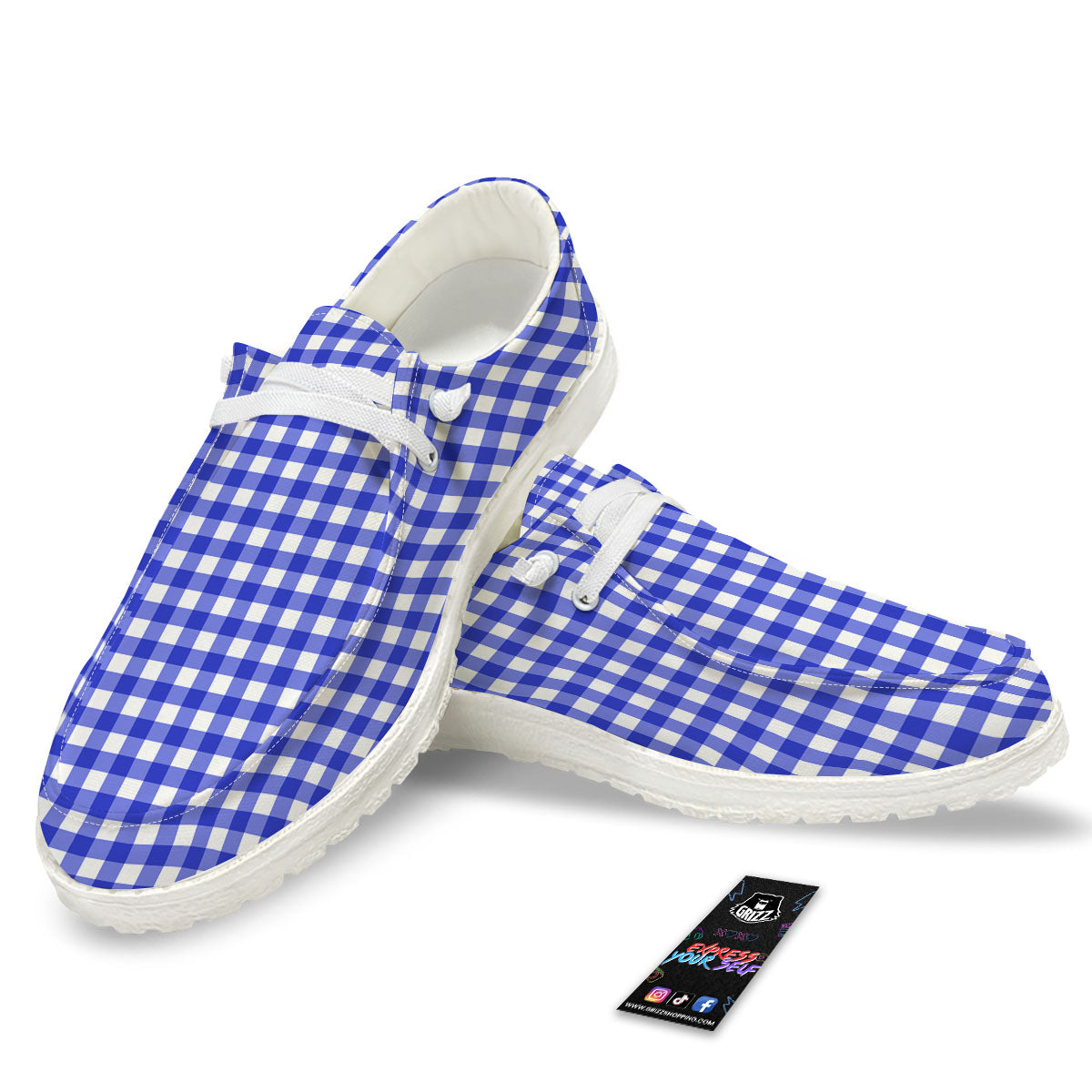 White And Blue Check Print Pattern White Loafers-grizzshop