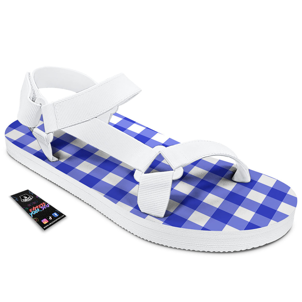 White And Blue Check Print Pattern White Open Toe Sandals-grizzshop