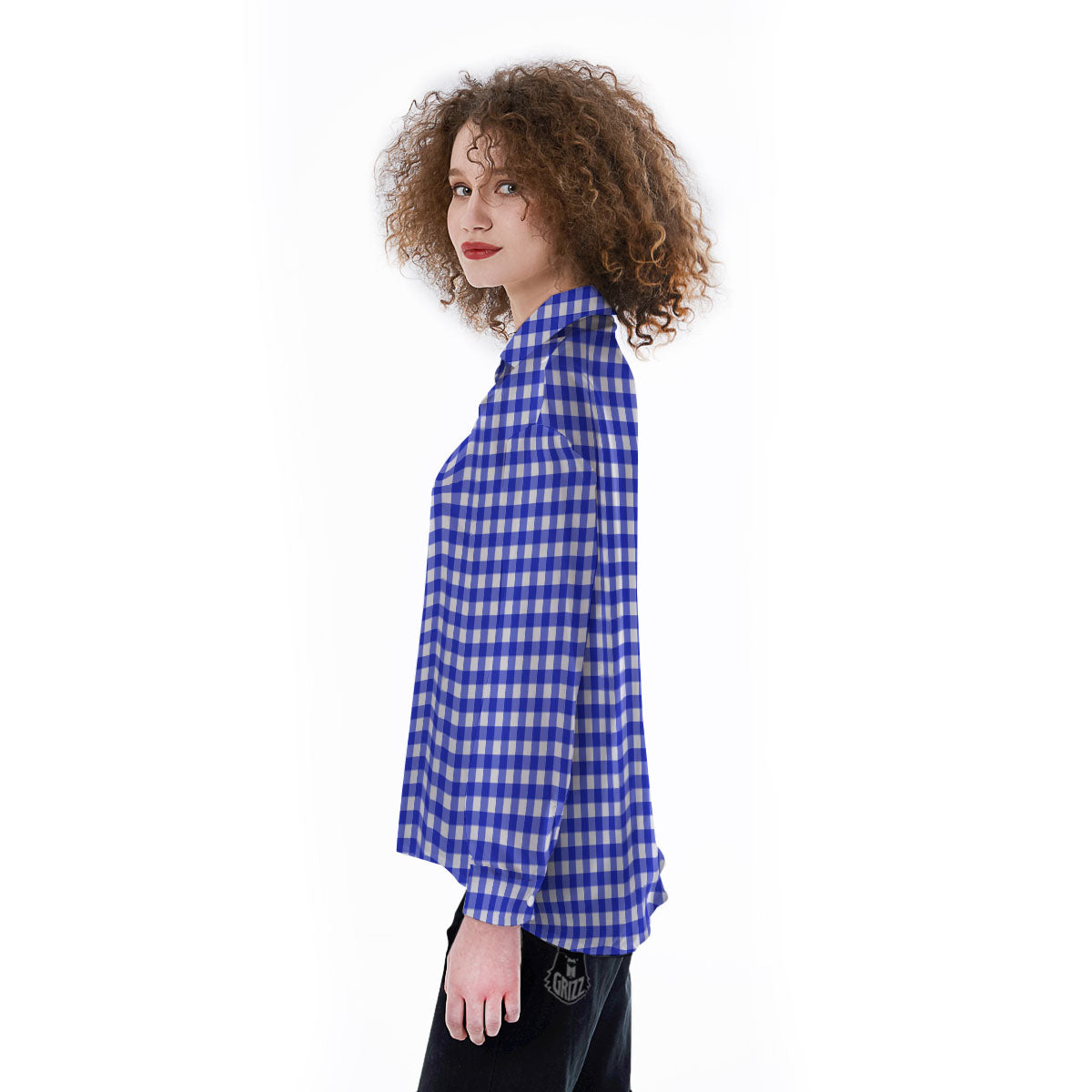 White And Blue Check Print Pattern Women's Long Sleeve Shirts-grizzshop