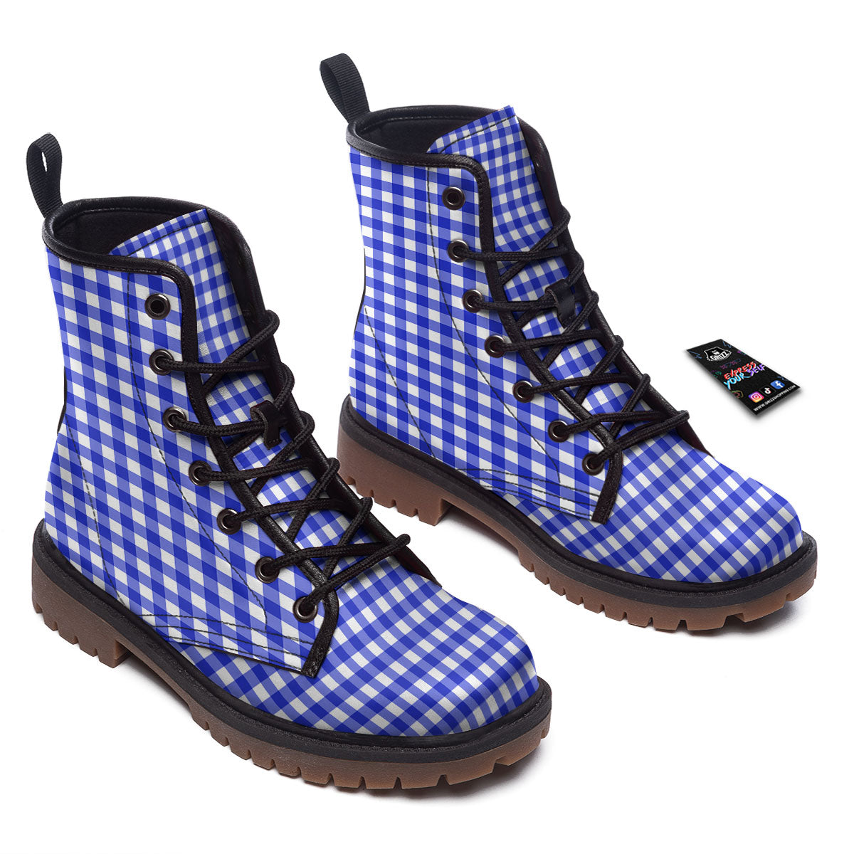 White And Blue Check Print Pattern Work Boots-grizzshop
