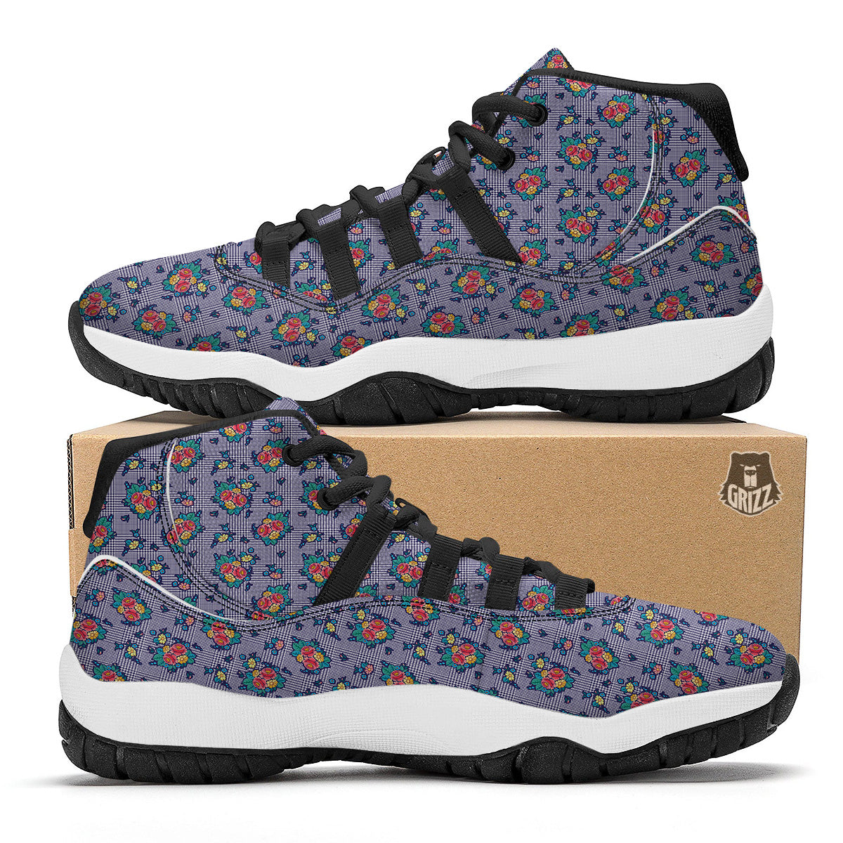 White And Blue Floral Glen Plaid Print Black Bball Shoes-grizzshop