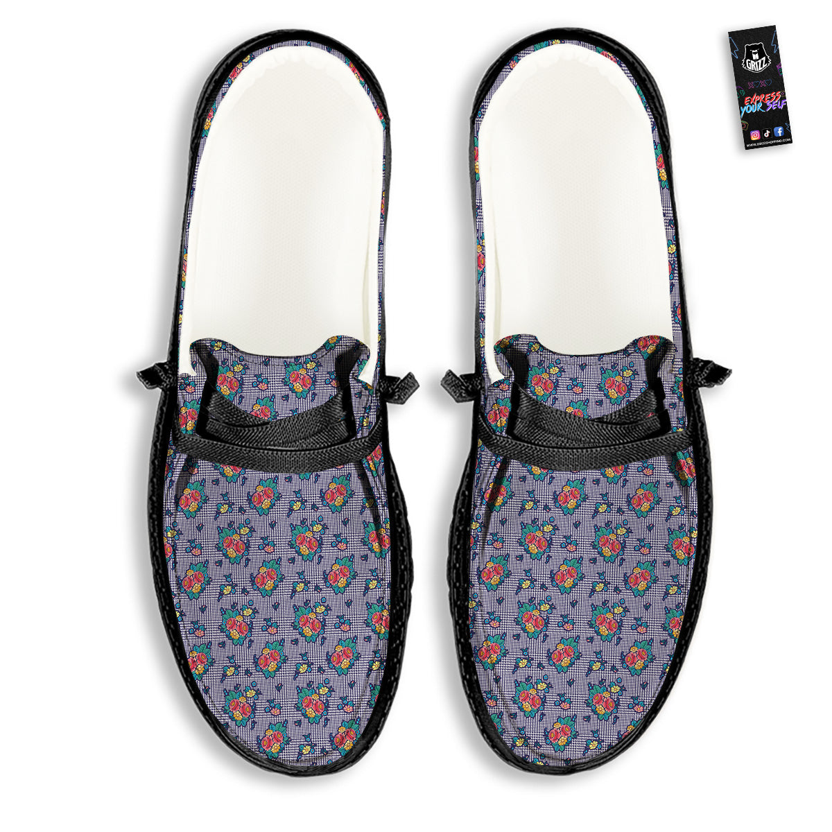 White And Blue Floral Glen Plaid Print Black Loafers-grizzshop