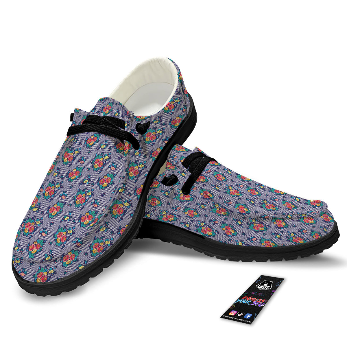 White And Blue Floral Glen Plaid Print Black Loafers-grizzshop