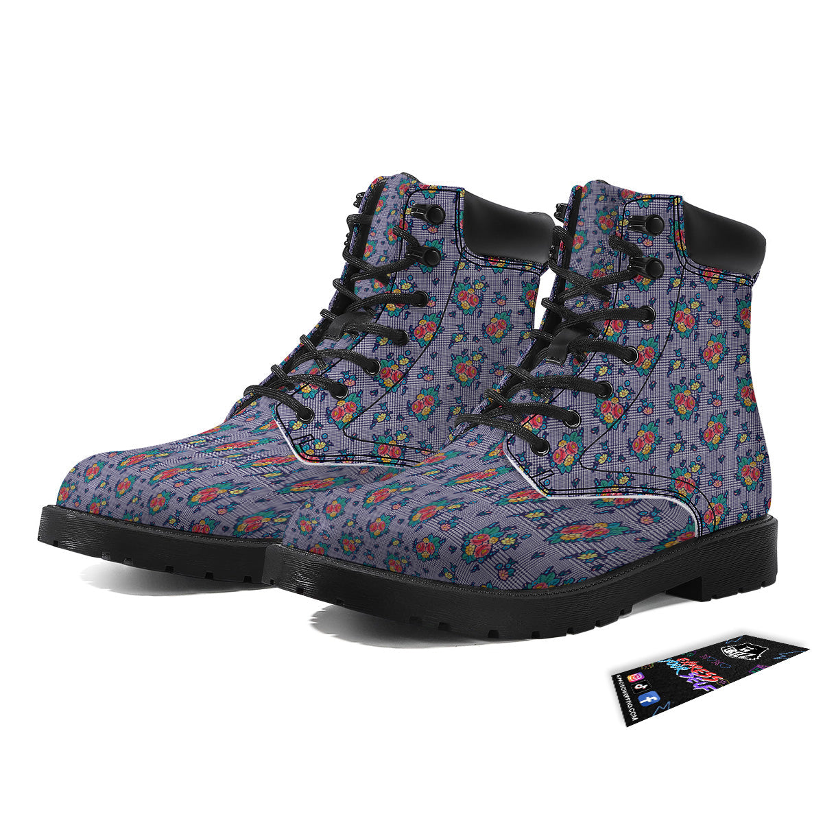 White And Blue Floral Glen Plaid Print Boots-grizzshop