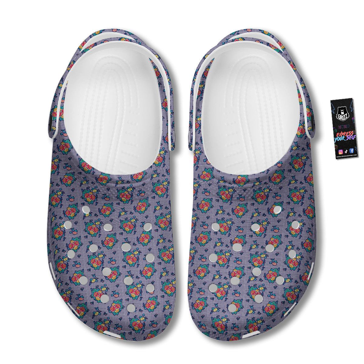 White And Blue Floral Glen Plaid Print Clog-grizzshop