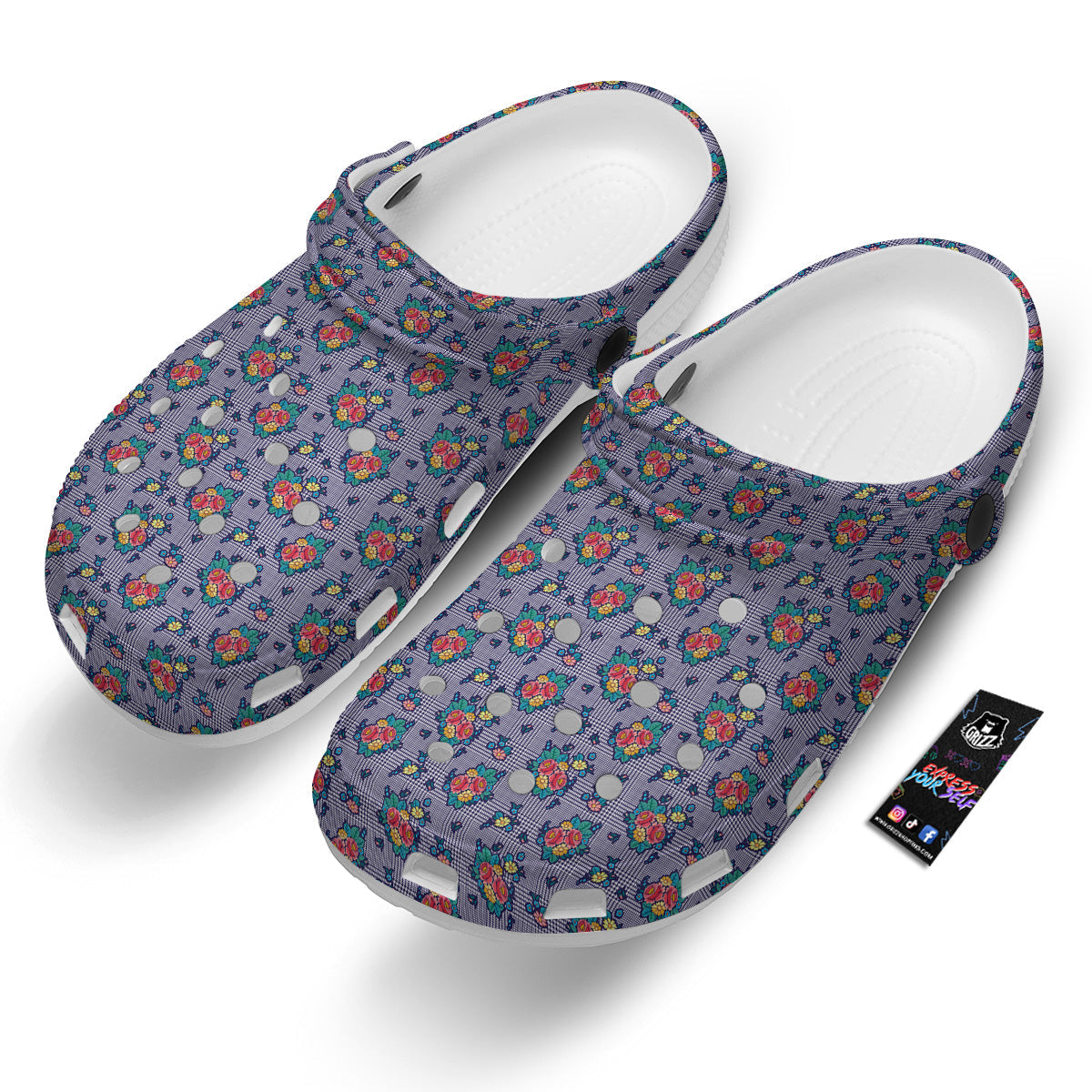 White And Blue Floral Glen Plaid Print Clog-grizzshop