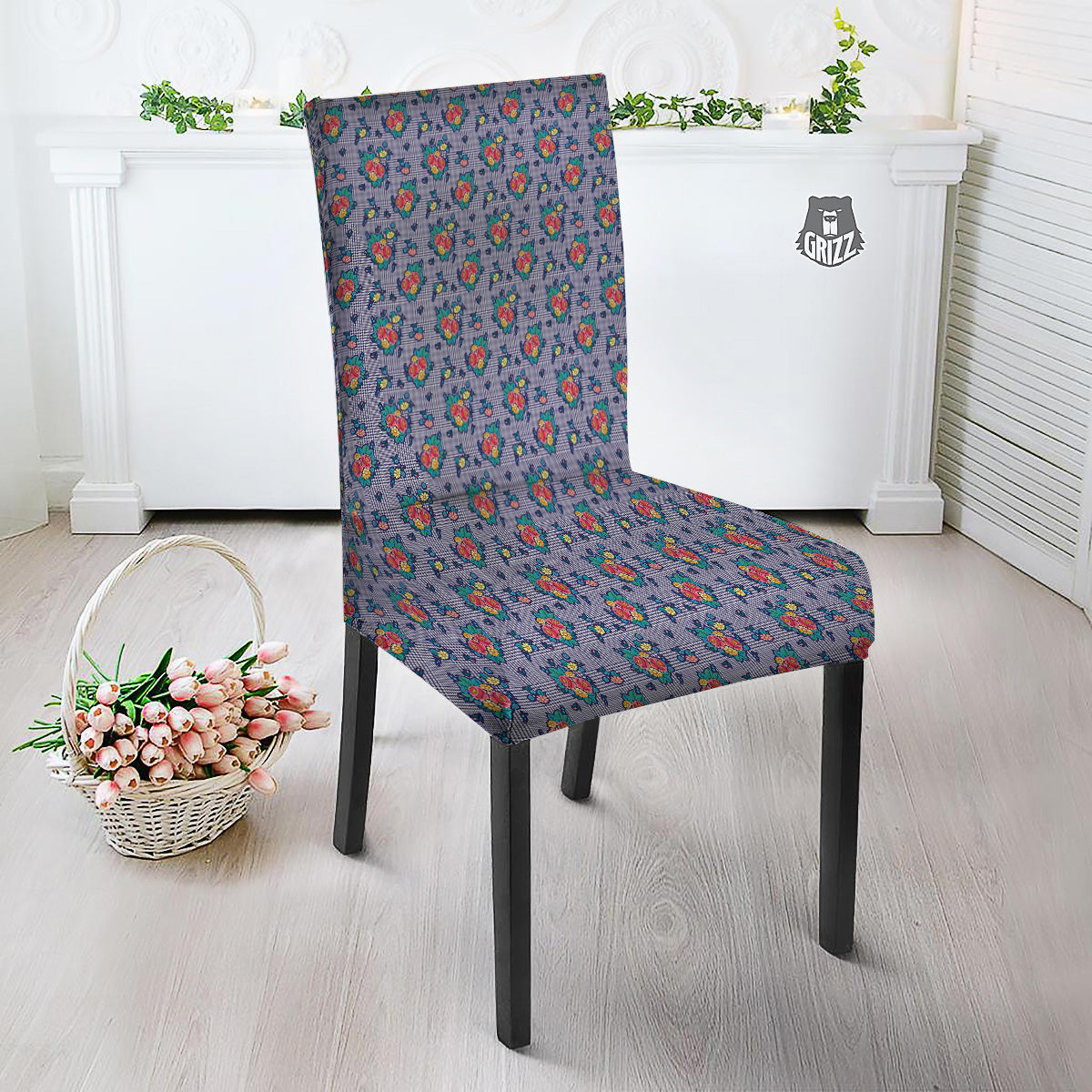 White And Blue Floral Glen Plaid Print Dining Chair Slipcover-grizzshop