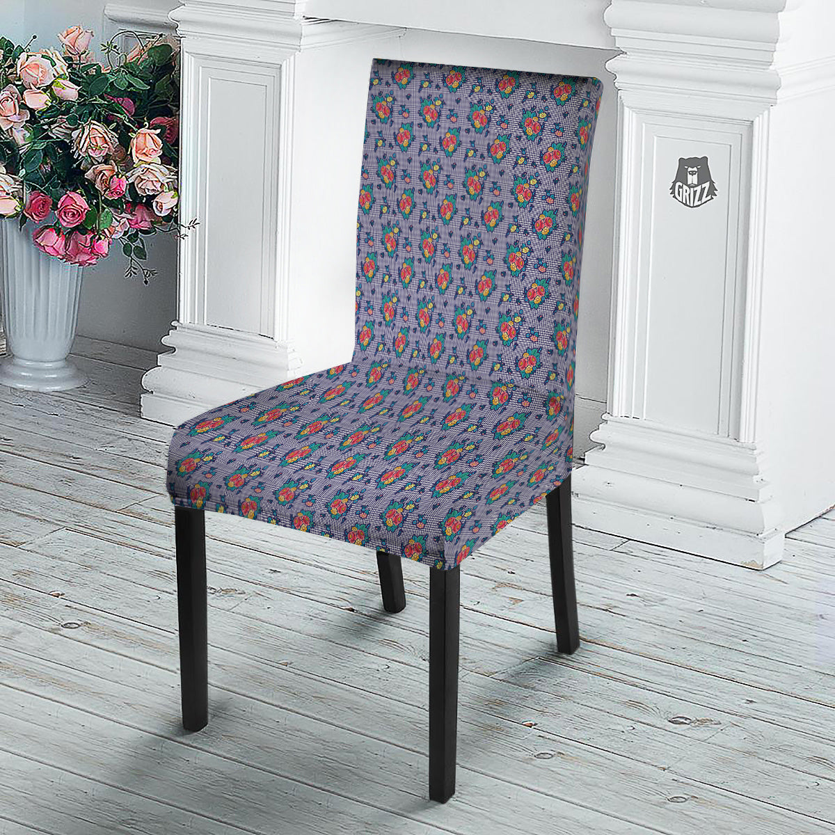 White And Blue Floral Glen Plaid Print Dining Chair Slipcover-grizzshop