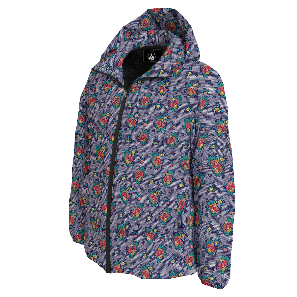 White And Blue Floral Glen Plaid Print Down Jacket-grizzshop