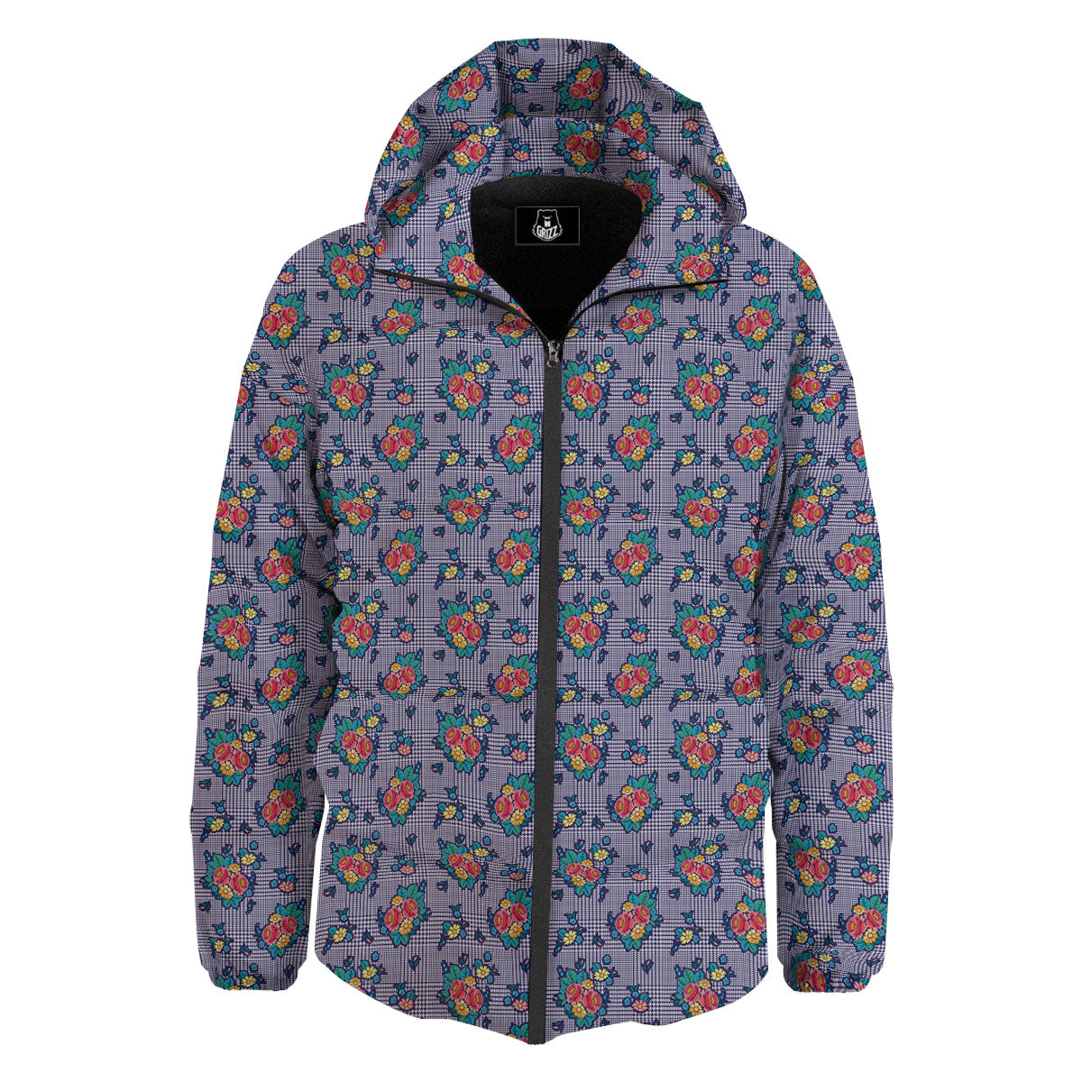 White And Blue Floral Glen Plaid Print Down Jacket-grizzshop