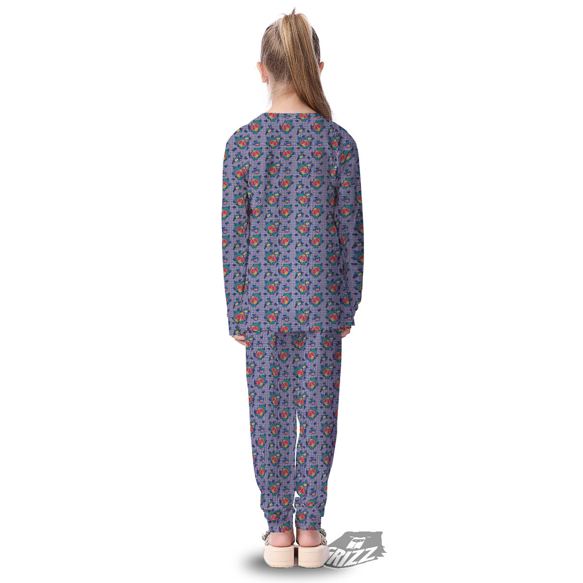 White And Blue Floral Glen Plaid Print Kid's Pajamas-grizzshop