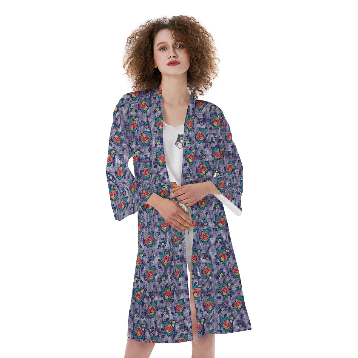 White And Blue Floral Glen Plaid Print Kimono-grizzshop