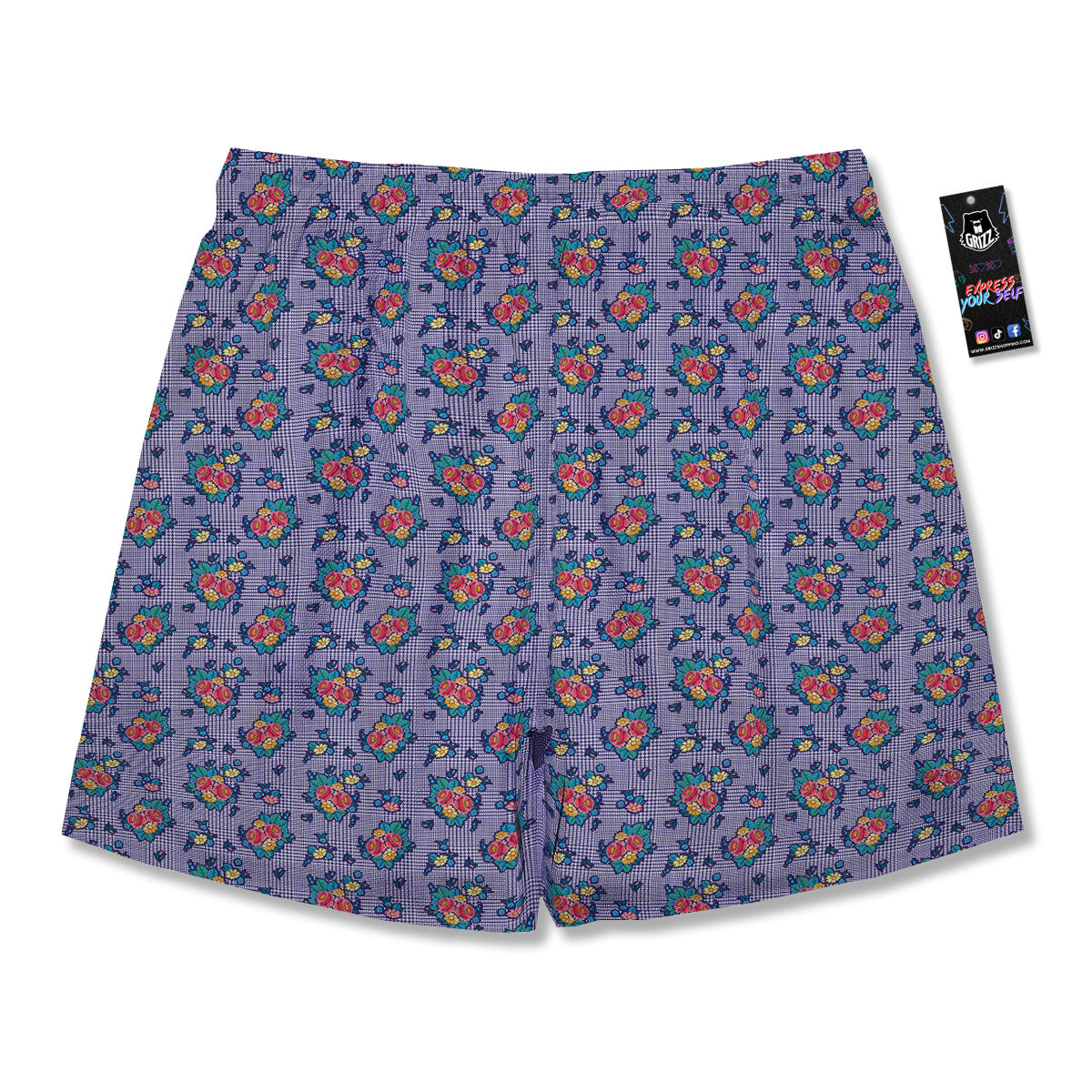 White And Blue Floral Glen Plaid Print Men's Running Shorts-grizzshop