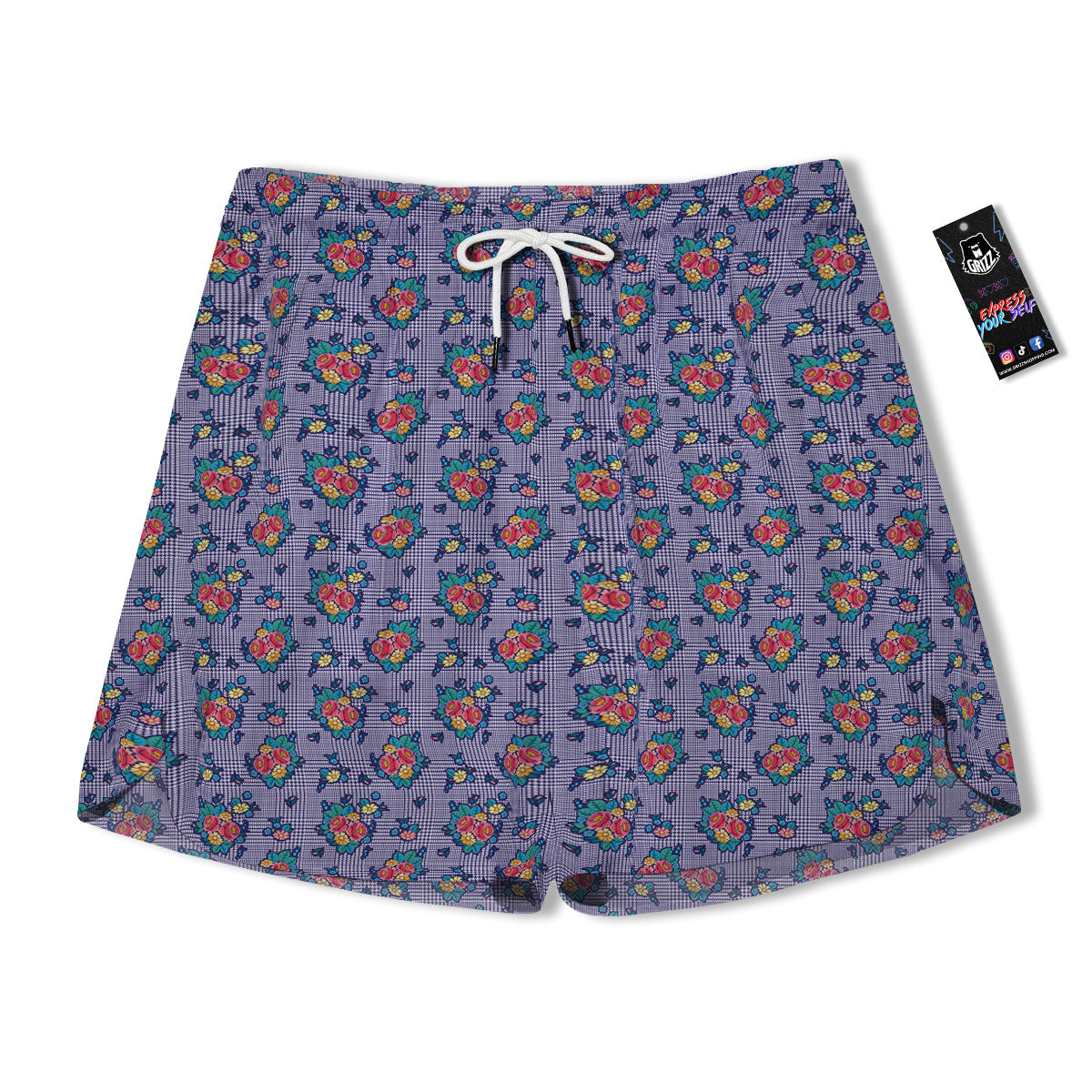 White And Blue Floral Glen Plaid Print Men's Running Shorts-grizzshop