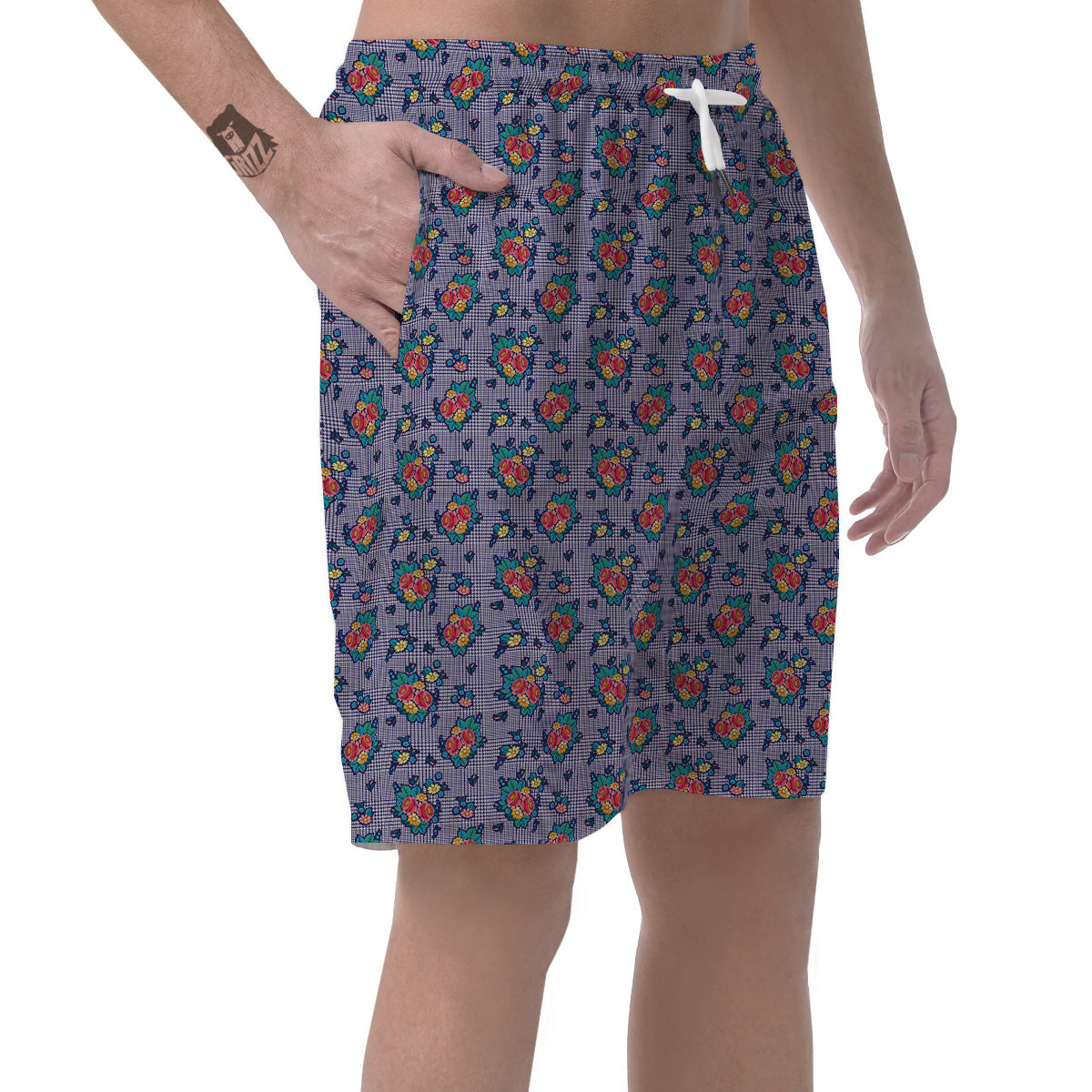 White And Blue Floral Glen Plaid Print Men's Shorts-grizzshop