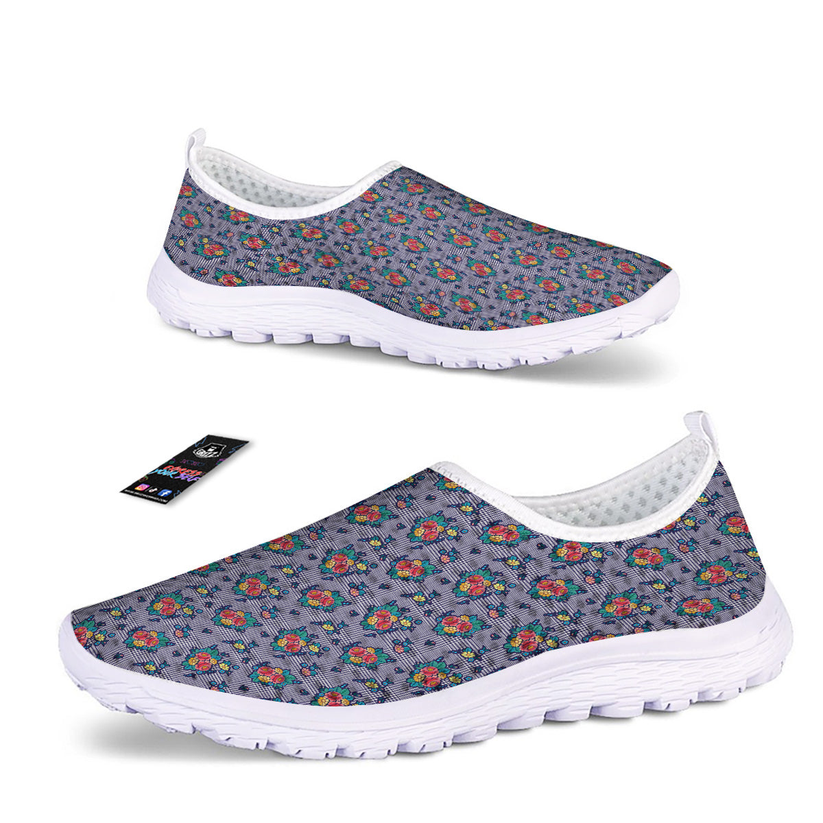 White And Blue Floral Glen Plaid Print Nurse Shoes-grizzshop