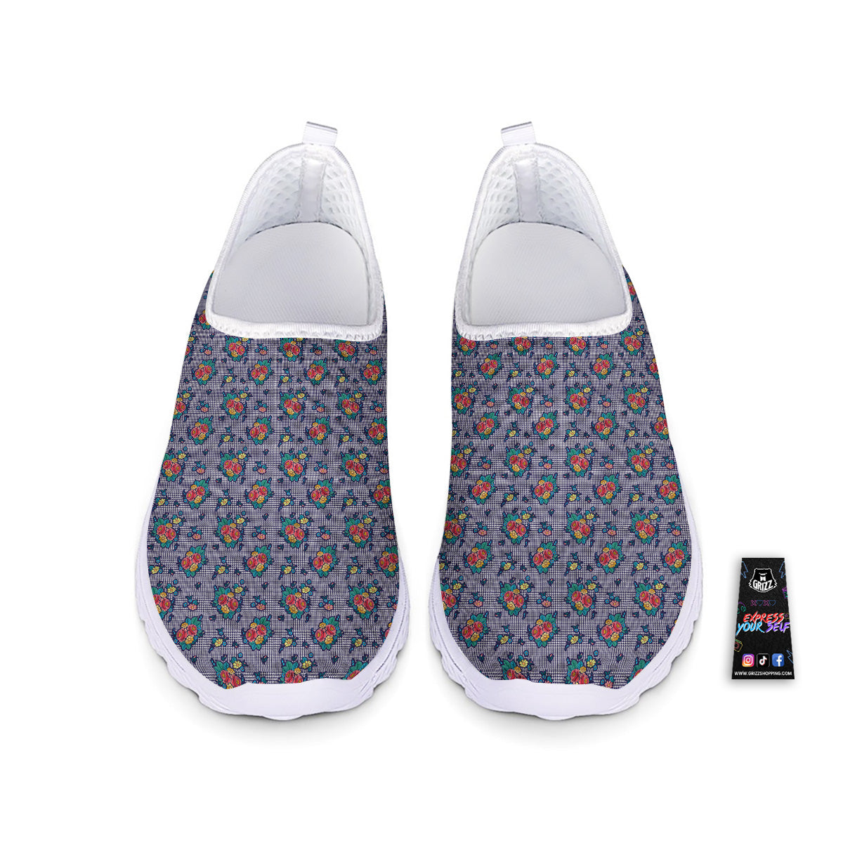 White And Blue Floral Glen Plaid Print Nurse Shoes-grizzshop