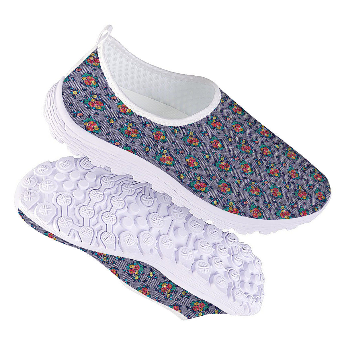 White And Blue Floral Glen Plaid Print Nurse Shoes-grizzshop