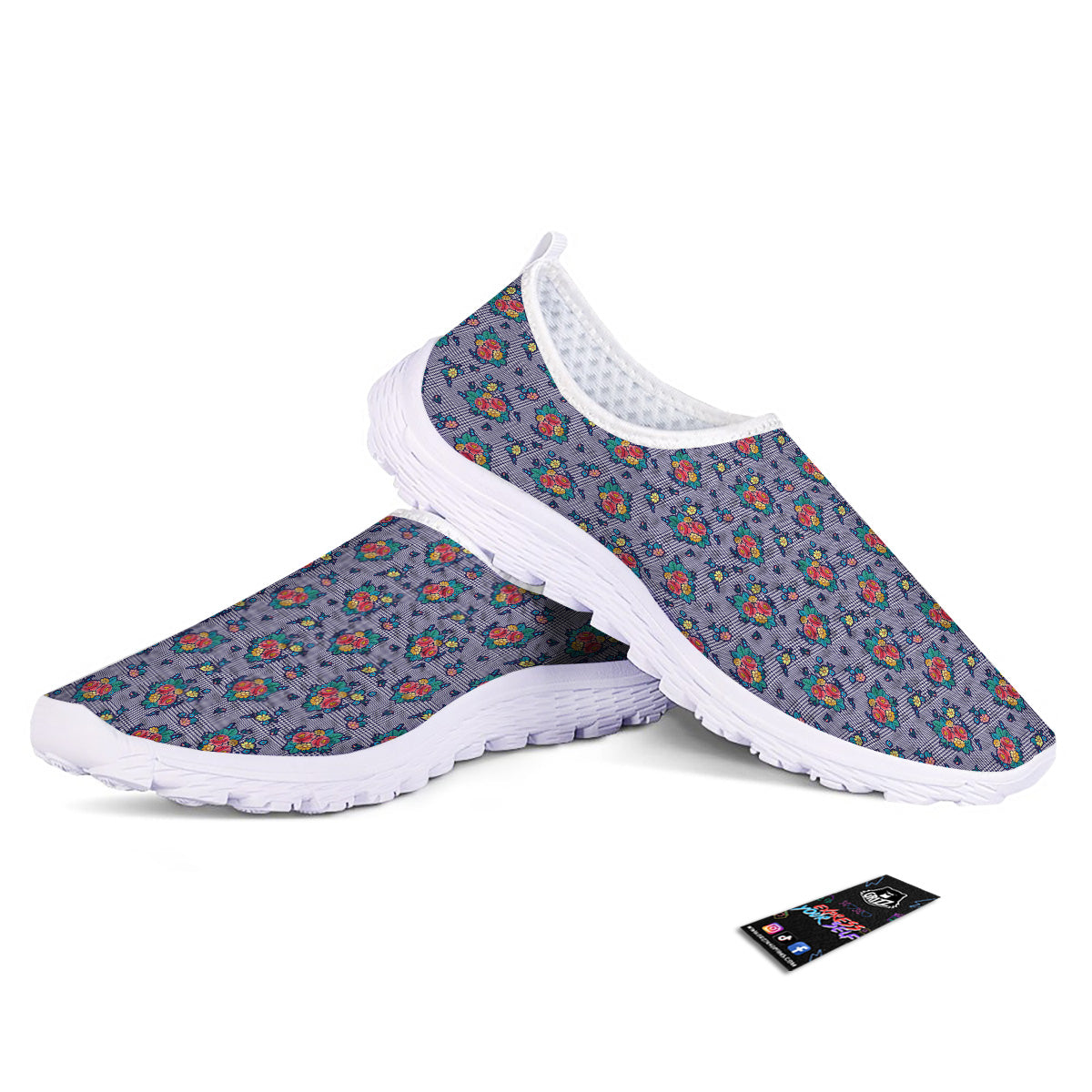 White And Blue Floral Glen Plaid Print Nurse Shoes-grizzshop