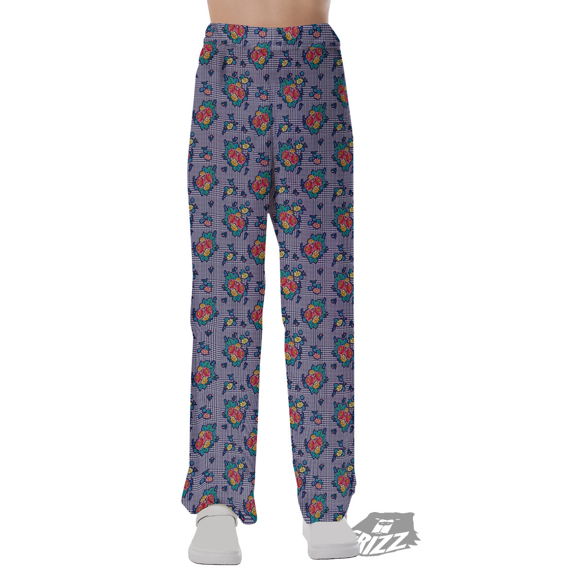 White And Blue Floral Glen Plaid Print Pajama Pants-grizzshop
