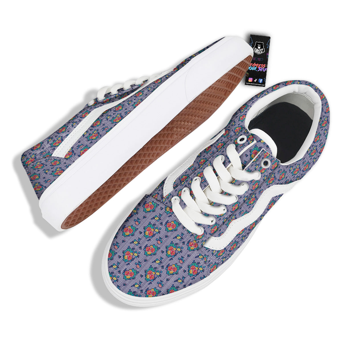 White And Blue Floral Glen Plaid Print Skate Shoes-grizzshop