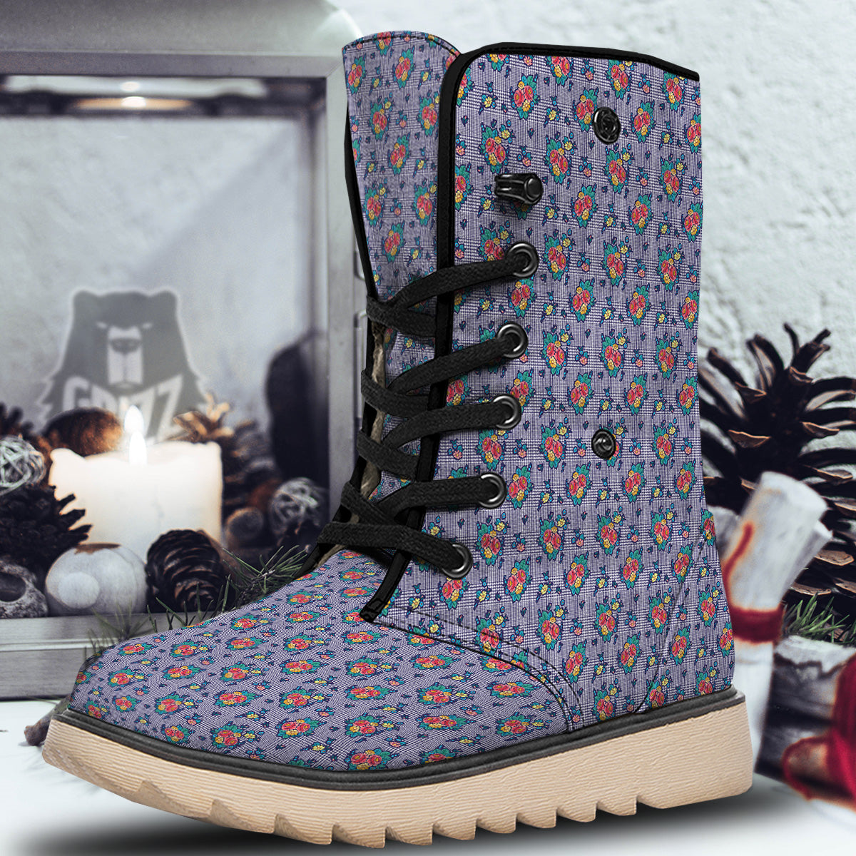 White And Blue Floral Glen Plaid Print Snow Boots-grizzshop