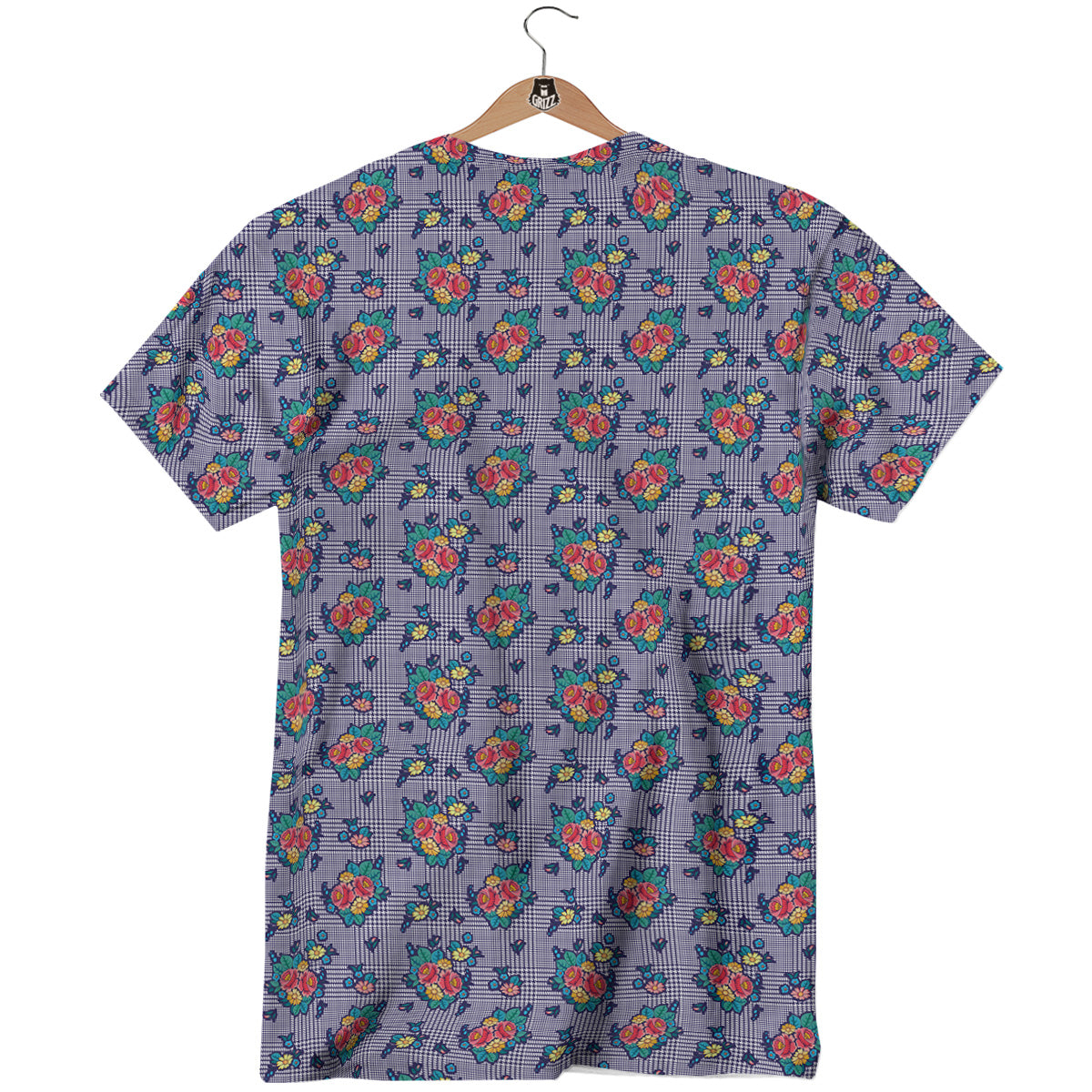 White And Blue Floral Glen Plaid Print T-Shirt-grizzshop