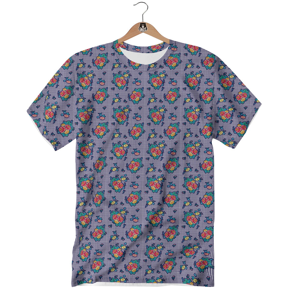 White And Blue Floral Glen Plaid Print T-Shirt-grizzshop