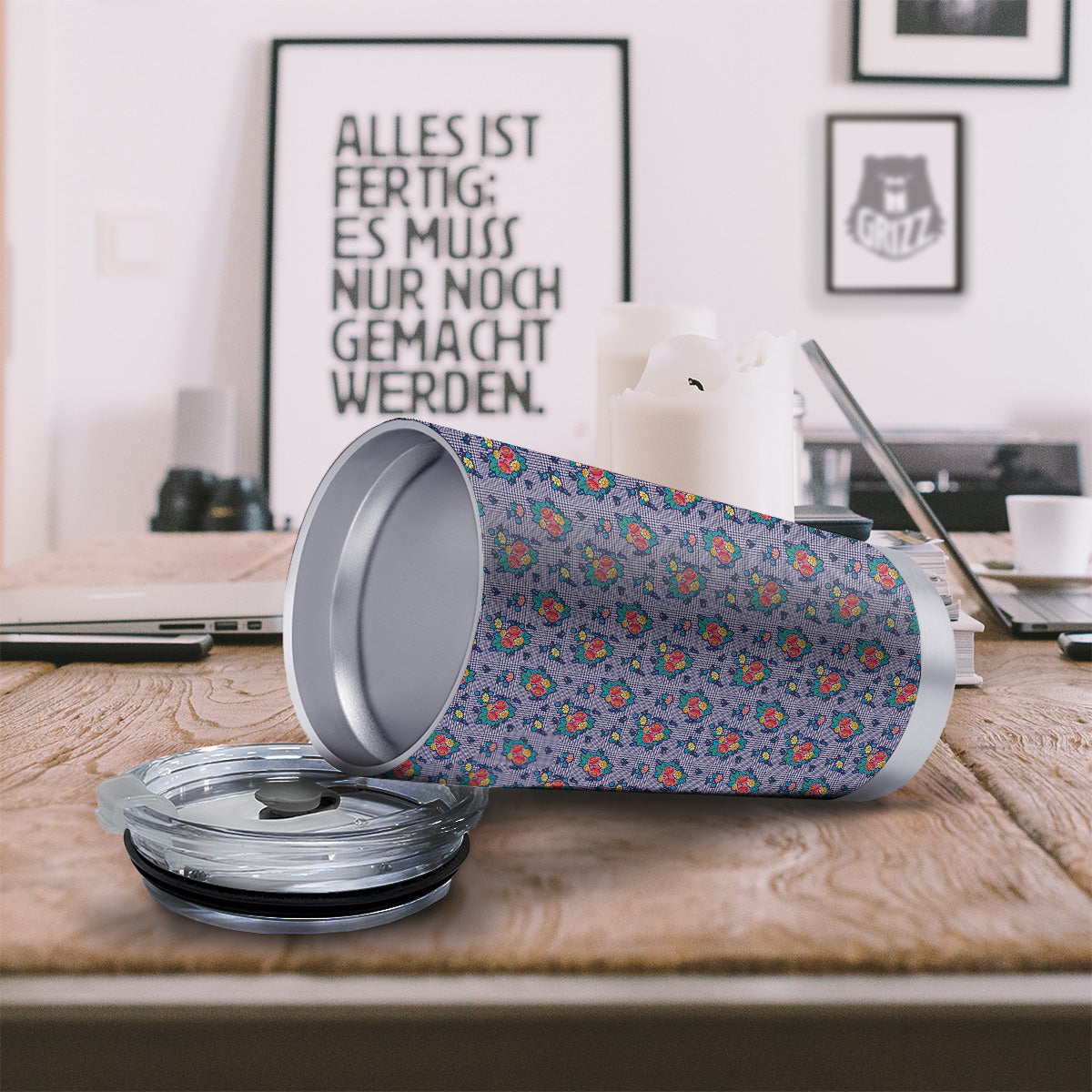 White And Blue Floral Glen Plaid Print Tumbler-grizzshop