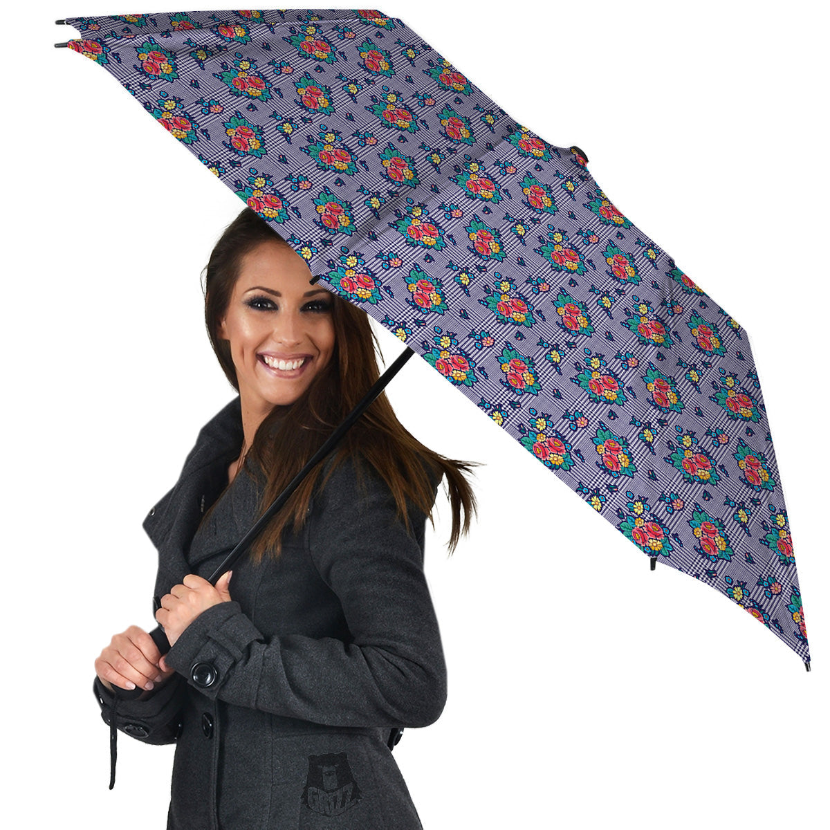 White And Blue Floral Glen Plaid Print Umbrella-grizzshop