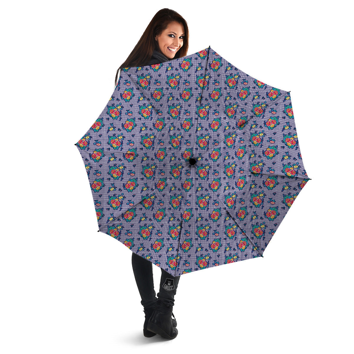 White And Blue Floral Glen Plaid Print Umbrella-grizzshop