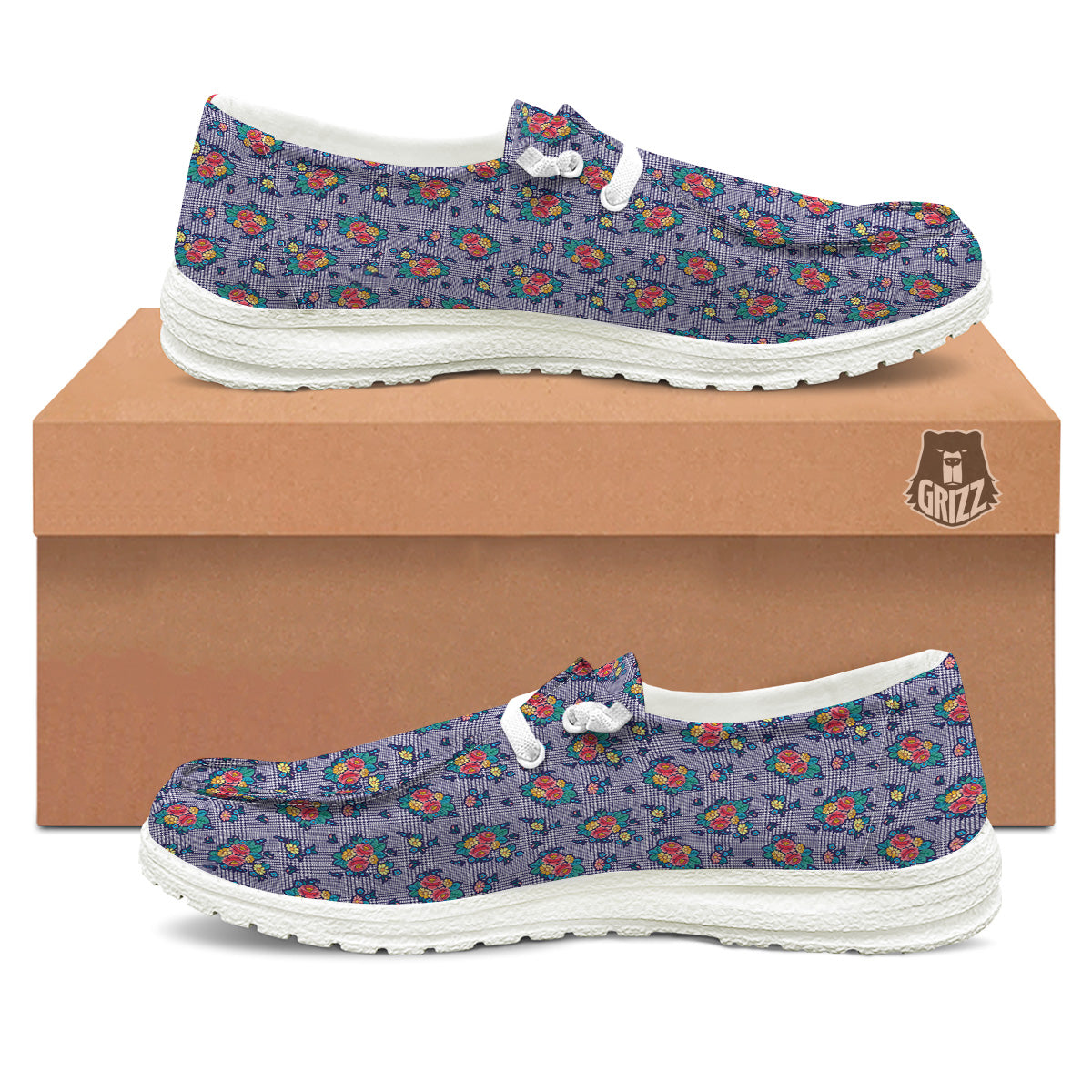 White And Blue Floral Glen Plaid Print White Loafers-grizzshop