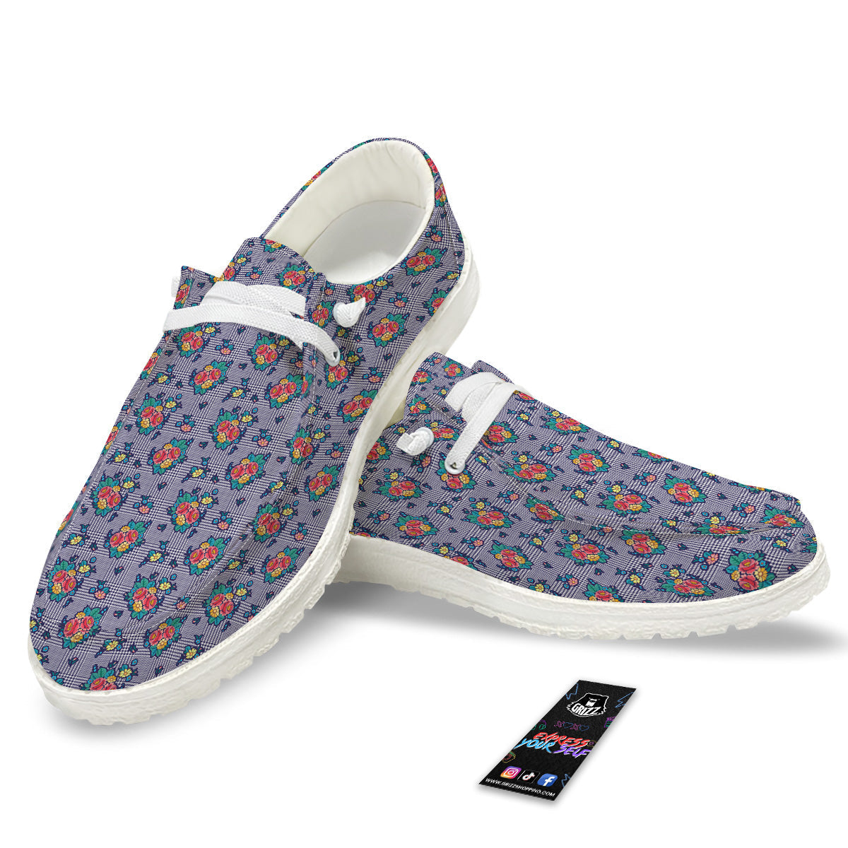 White And Blue Floral Glen Plaid Print White Loafers-grizzshop