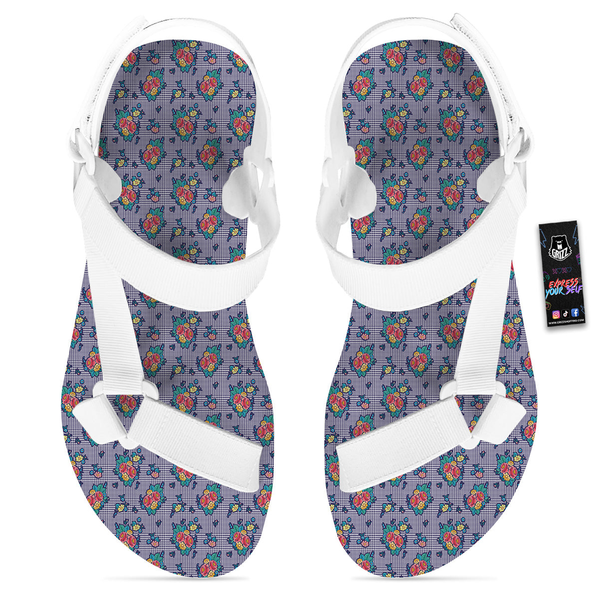 White And Blue Floral Glen Plaid Print White Open Toe Sandals-grizzshop